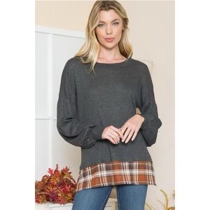 New Womens 37 Hearts long sleeve waffle texture tunic with plaid print.